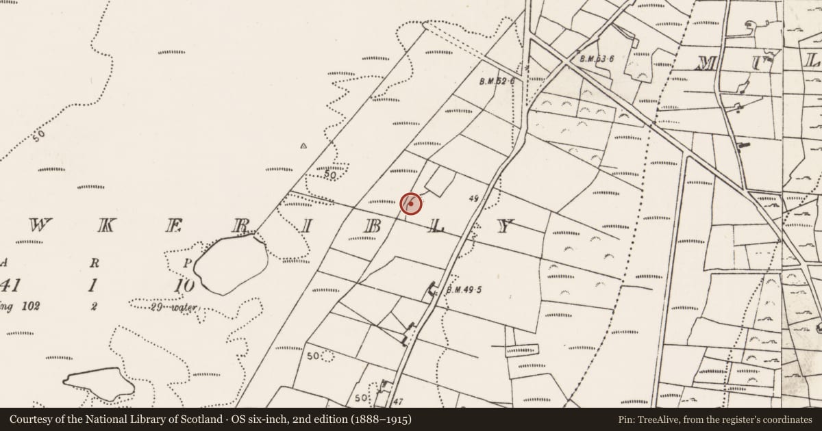 Ordnance Survey six-inch map, 2nd edition (1888–1915) covering the location of Enclosure, Carrowkeribly, County Mayo, with a pin at the register's coordinates