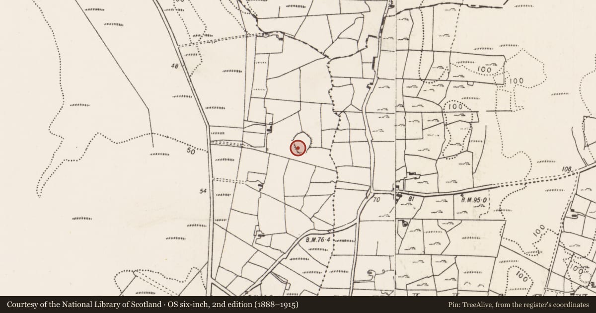 Ordnance Survey six-inch map, 2nd edition (1888–1915) covering the location of Children's burial ground, Carrowkeribly, County Mayo, with a pin at the register's coordinates