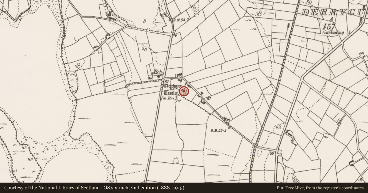 Ordnance Survey six-inch map, 2nd edition (1888–1915) covering the location of Castle - tower house, Cloghans, Friarstown, County Mayo, with a pin at the register's coordinates