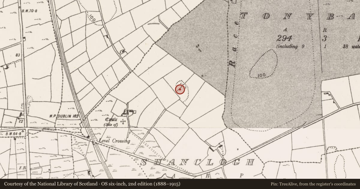 Ordnance Survey six-inch map, 2nd edition (1888–1915) covering the location of Enclosure, Shanclogh, County Mayo, with a pin at the register's coordinates