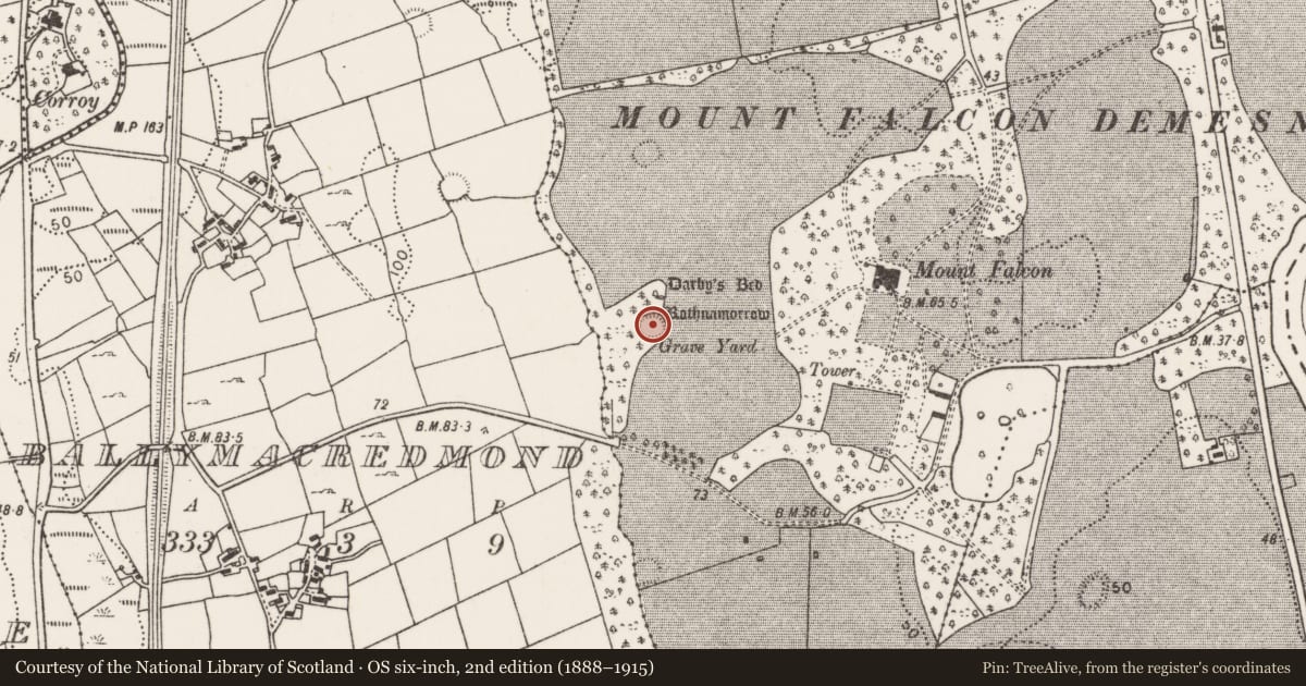 Ordnance Survey six-inch map, 2nd edition (1888–1915) covering the location of Burial ground, Drumrevagh, County Mayo, with a pin at the register's coordinates