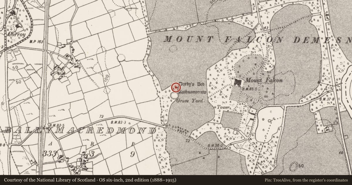 Ordnance Survey six-inch map, 2nd edition (1888–1915) covering the location of Megalithic tomb - court tomb, Drumrevagh, County Mayo, with a pin at the register's coordinates