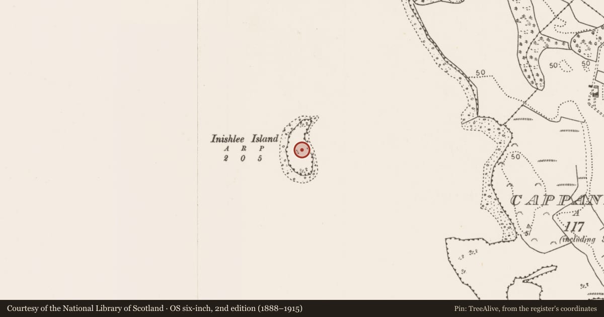 Ordnance Survey six-inch map, 2nd edition (1888–1915) covering the location of Burial ground, Inishlee Island, County Mayo, with a pin at the register's coordinates