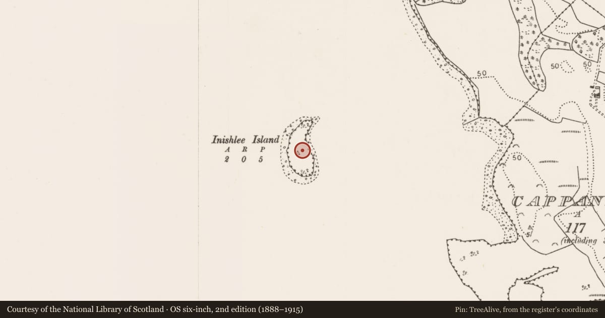 Ordnance Survey six-inch map, 2nd edition (1888–1915) covering the location of Children's burial ground, Inishlee Island, County Mayo, with a pin at the register's coordinates