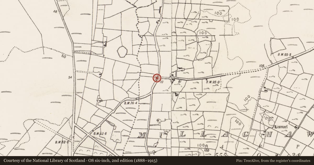 Ordnance Survey six-inch map, 2nd edition (1888–1915) covering the location of Ritual site - holy well, Mullaghawny, County Mayo, with a pin at the register's coordinates