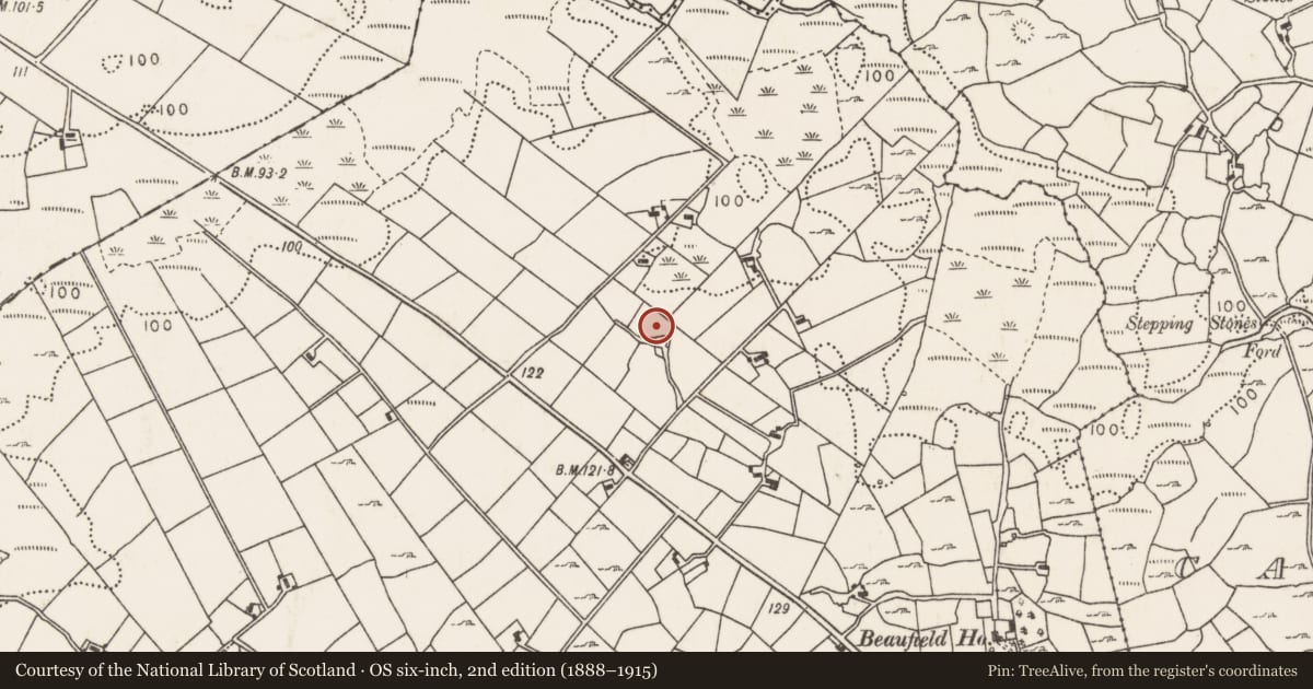 Ordnance Survey six-inch map, 2nd edition (1888–1915) covering the location of Earthwork, Carrowcastle (Gallen By., Kilgarvan Par.), County Mayo, with a pin at the register's coordinates