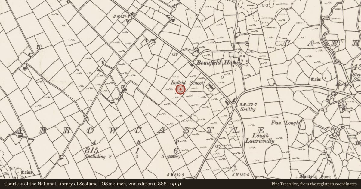 Ordnance Survey six-inch map, 2nd edition (1888–1915) covering the location of Ringfort - rath, Carrowcastle (Gallen By., Kilgarvan Par.), County Mayo, with a pin at the register's coordinates
