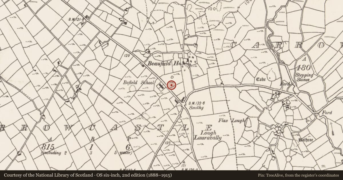 Ordnance Survey six-inch map, 2nd edition (1888–1915) covering the location of Earthwork, Carrowcastle (Gallen By., Kilgarvan Par.), County Mayo, with a pin at the register's coordinates