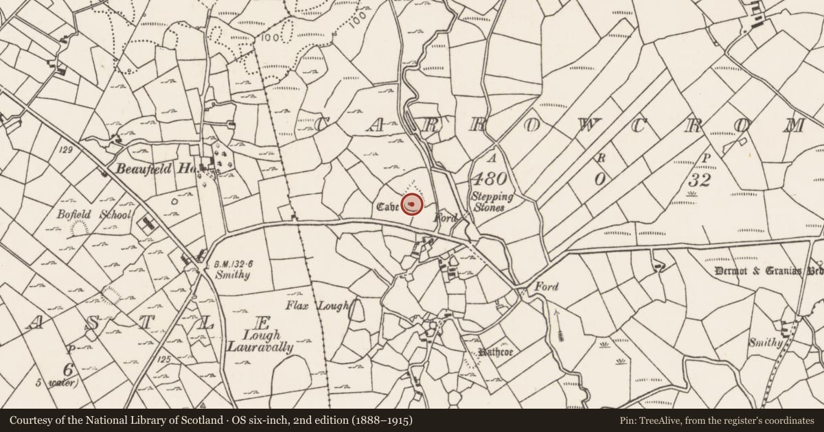 Ordnance Survey six-inch map, 2nd edition (1888–1915) covering the location of Souterrain, Carrowcrom, County Mayo, with a pin at the register's coordinates