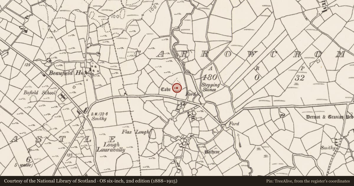 Ordnance Survey six-inch map, 2nd edition (1888–1915) covering the location of House - indeterminate date, Carrowcrom, County Mayo, with a pin at the register's coordinates