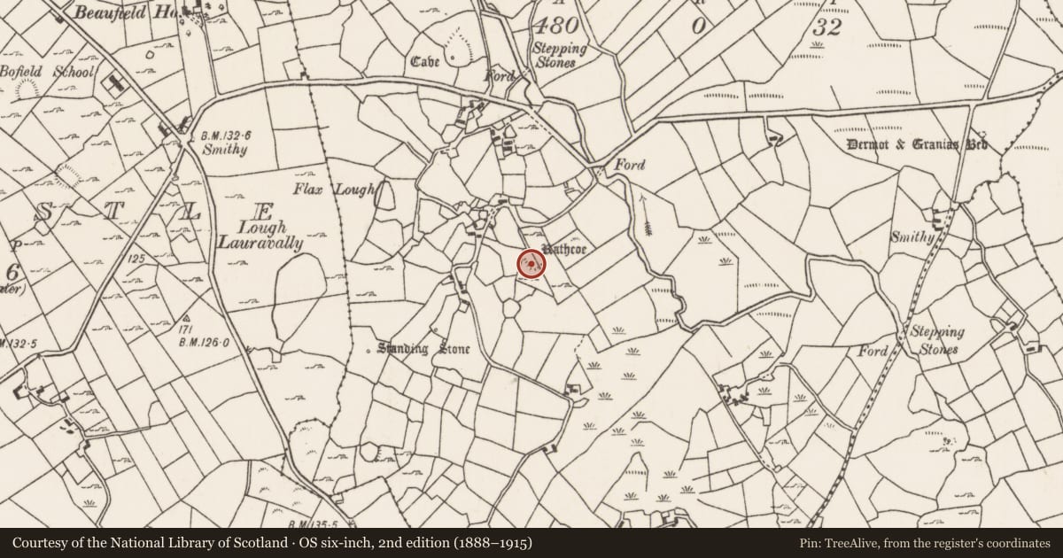 Ordnance Survey six-inch map, 2nd edition (1888–1915) covering the location of Ringfort - rath, Carrowcrom, County Mayo, with a pin at the register's coordinates