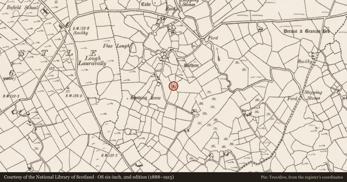 Ordnance Survey six-inch map, 2nd edition (1888–1915) covering the location of Enclosure, Carrowcrom, County Mayo, with a pin at the register's coordinates