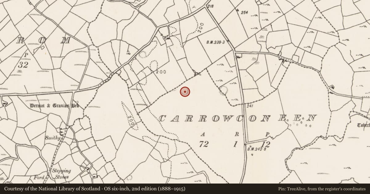 Ordnance Survey six-inch map, 2nd edition (1888–1915) covering the location of Ringfort - rath, Carrowconeen, County Mayo, with a pin at the register's coordinates