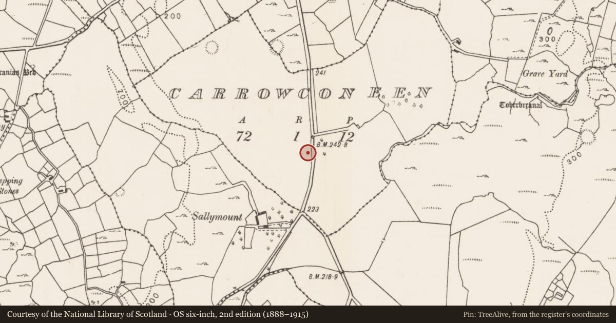 Ordnance Survey six-inch map, 2nd edition (1888–1915) covering the location of Enclosure, Carrowconeen, County Mayo, with a pin at the register's coordinates