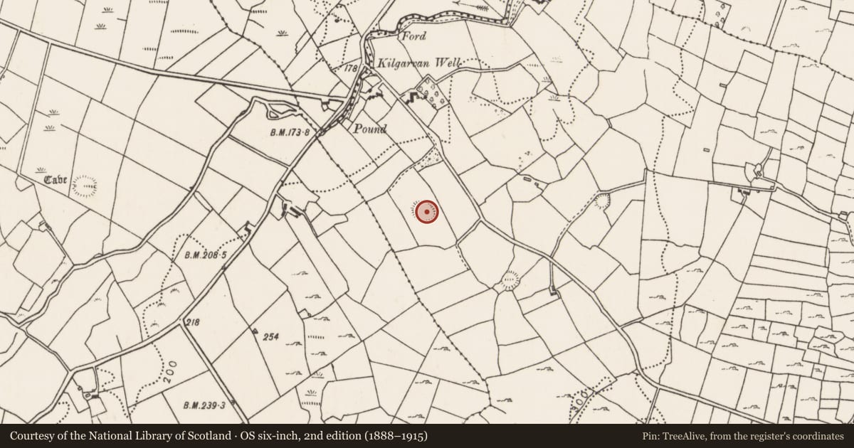 Ordnance Survey six-inch map, 2nd edition (1888–1915) covering the location of Ringfort - rath, Kilgarvan, County Mayo, with a pin at the register's coordinates