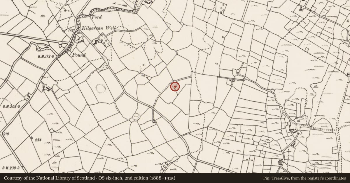 Ordnance Survey six-inch map, 2nd edition (1888–1915) covering the location of Ringfort - rath, Kilgarvan, County Mayo, with a pin at the register's coordinates