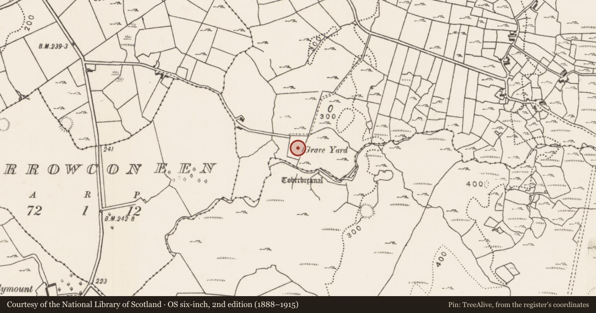 Ordnance Survey six-inch map, 2nd edition (1888–1915) covering the location of Church, Kilgarvan, County Mayo, with a pin at the register's coordinates