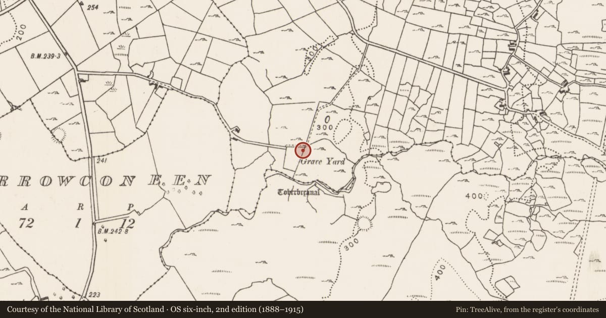 Ordnance Survey six-inch map, 2nd edition (1888–1915) covering the location of Enclosure, Kilgarvan, County Mayo, with a pin at the register's coordinates