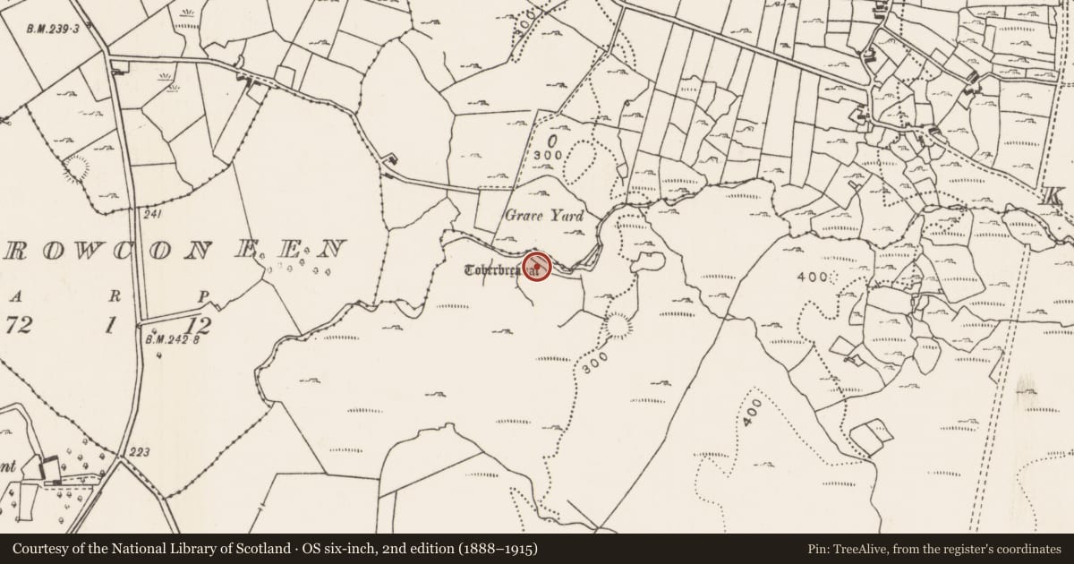 Ordnance Survey six-inch map, 2nd edition (1888–1915) covering the location of Ritual site - holy well, Ellagh Beg, County Mayo, with a pin at the register's coordinates