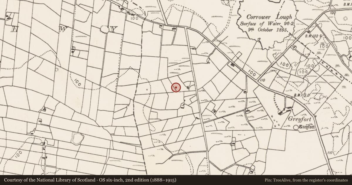 Ordnance Survey six-inch map, 2nd edition (1888–1915) covering the location of Barrow - mound barrow, Corrower, County Mayo, with a pin at the register's coordinates