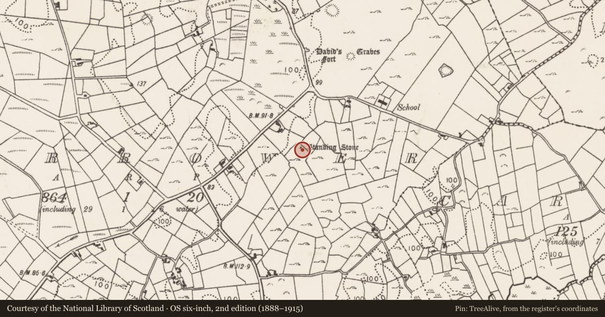 Ordnance Survey six-inch map, 2nd edition (1888–1915) covering the location of Ogham stone, Corrower, County Mayo, with a pin at the register's coordinates