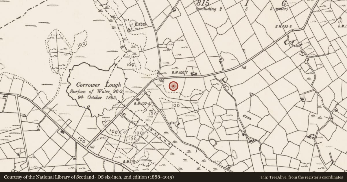 Ordnance Survey six-inch map, 2nd edition (1888–1915) covering the location of Enclosure, Carrowcastle (Gallen By., Kilgarvan Par.), County Mayo, with a pin at the register's coordinates