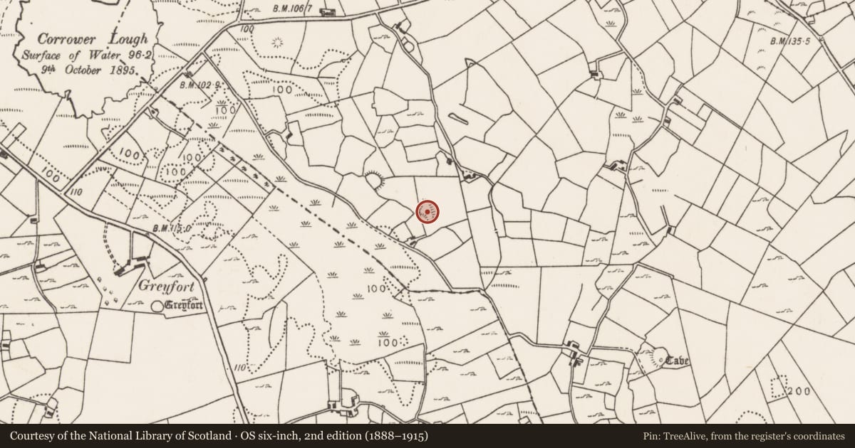 Ordnance Survey six-inch map, 2nd edition (1888–1915) covering the location of Enclosure, Carrowcastle (Gallen By., Kilgarvan Par.), County Mayo, with a pin at the register's coordinates