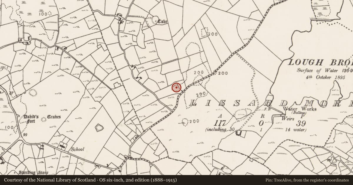 Ordnance Survey six-inch map, 2nd edition (1888–1915) covering the location of Earthwork, Carrowcastle (Gallen By., Kilgarvan Par.), County Mayo, with a pin at the register's coordinates