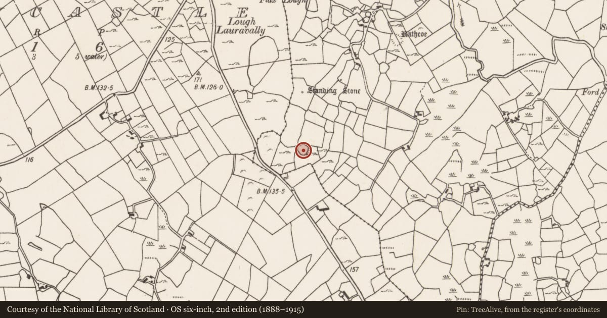 Ordnance Survey six-inch map, 2nd edition (1888–1915) covering the location of Enclosure, Carrowcrom, County Mayo, with a pin at the register's coordinates