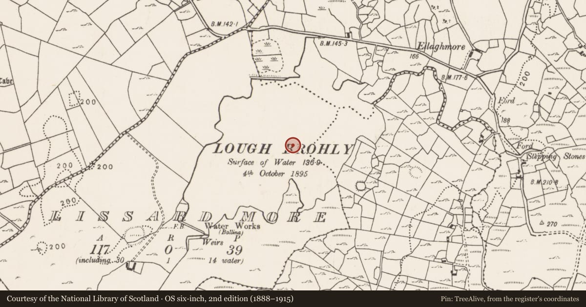 Ordnance Survey six-inch map, 2nd edition (1888–1915) covering the location of Crannog, Lissard More, County Mayo, with a pin at the register's coordinates