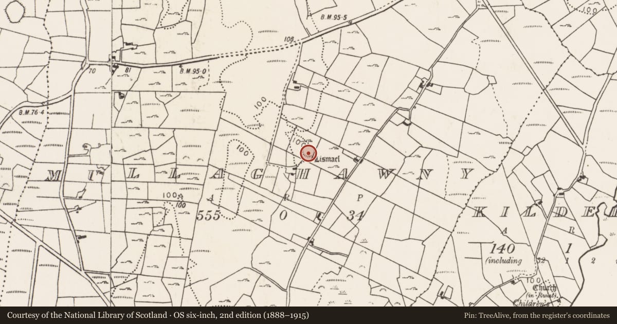 Ordnance Survey six-inch map, 2nd edition (1888–1915) covering the location of Ringfort - rath, Mullaghawny, County Mayo, with a pin at the register's coordinates