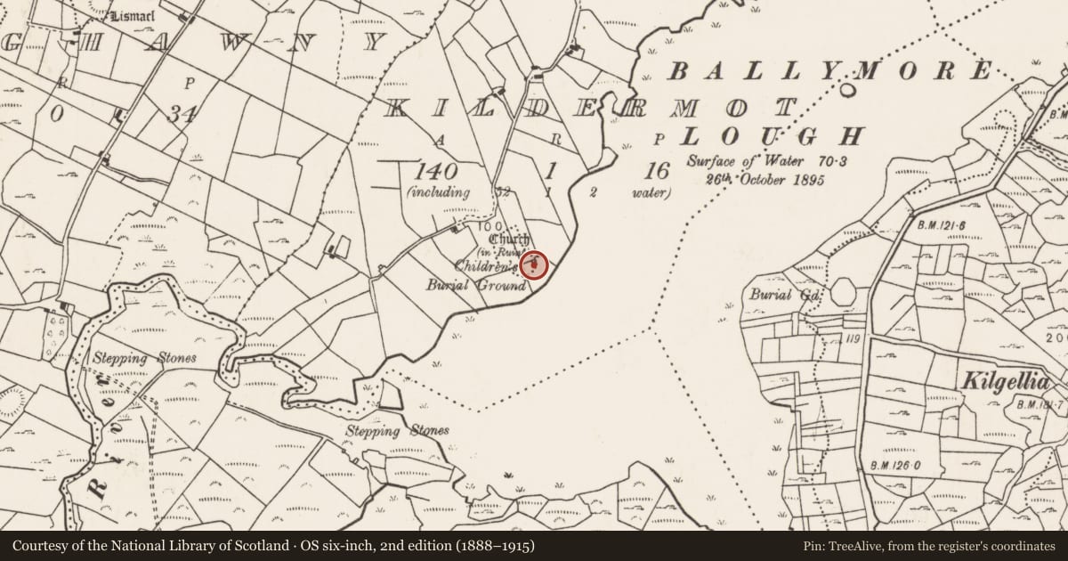 Ordnance Survey six-inch map, 2nd edition (1888–1915) covering the location of Church, Kildermot, County Mayo, with a pin at the register's coordinates