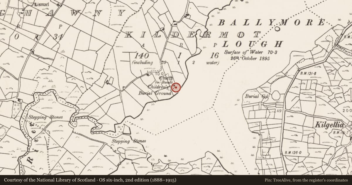 Ordnance Survey six-inch map, 2nd edition (1888–1915) covering the location of Children's burial ground, Kildermot, County Mayo, with a pin at the register's coordinates