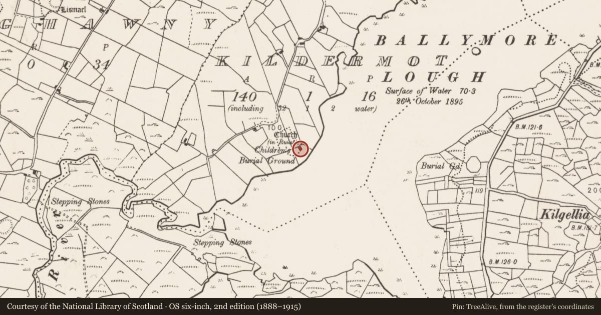 Ordnance Survey six-inch map, 2nd edition (1888–1915) covering the location of Bullaun stone, Kildermot, County Mayo, with a pin at the register's coordinates