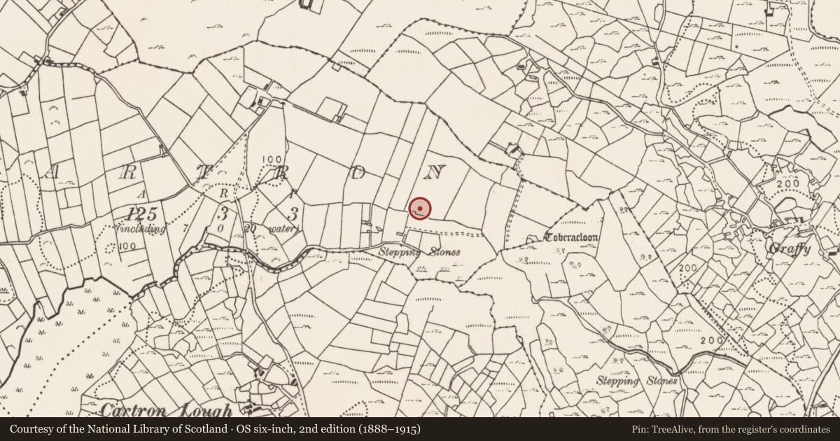 Ordnance Survey six-inch map, 2nd edition (1888–1915) covering the location of Enclosure, Cartron (Gallen By., Attymass Par.), County Mayo, with a pin at the register's coordinates