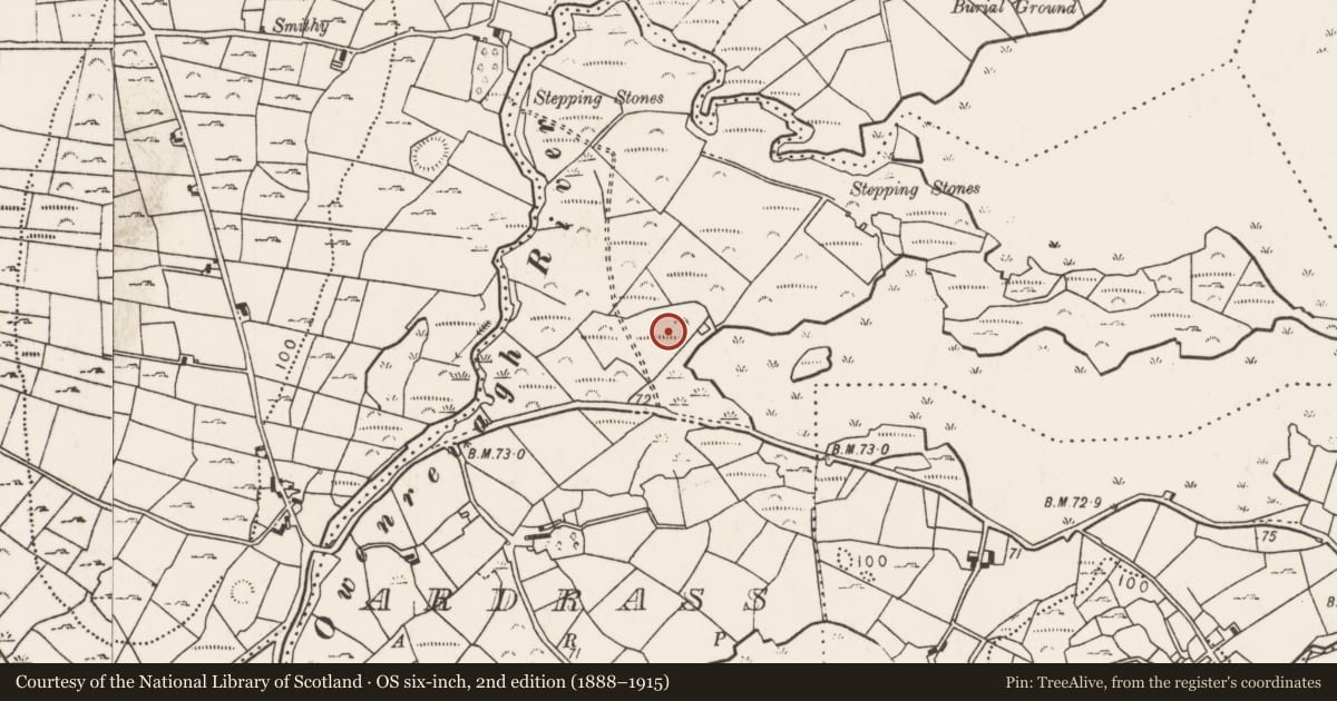 Ordnance Survey six-inch map, 2nd edition (1888–1915) covering the location of Enclosure, Ardrass, County Mayo, with a pin at the register's coordinates