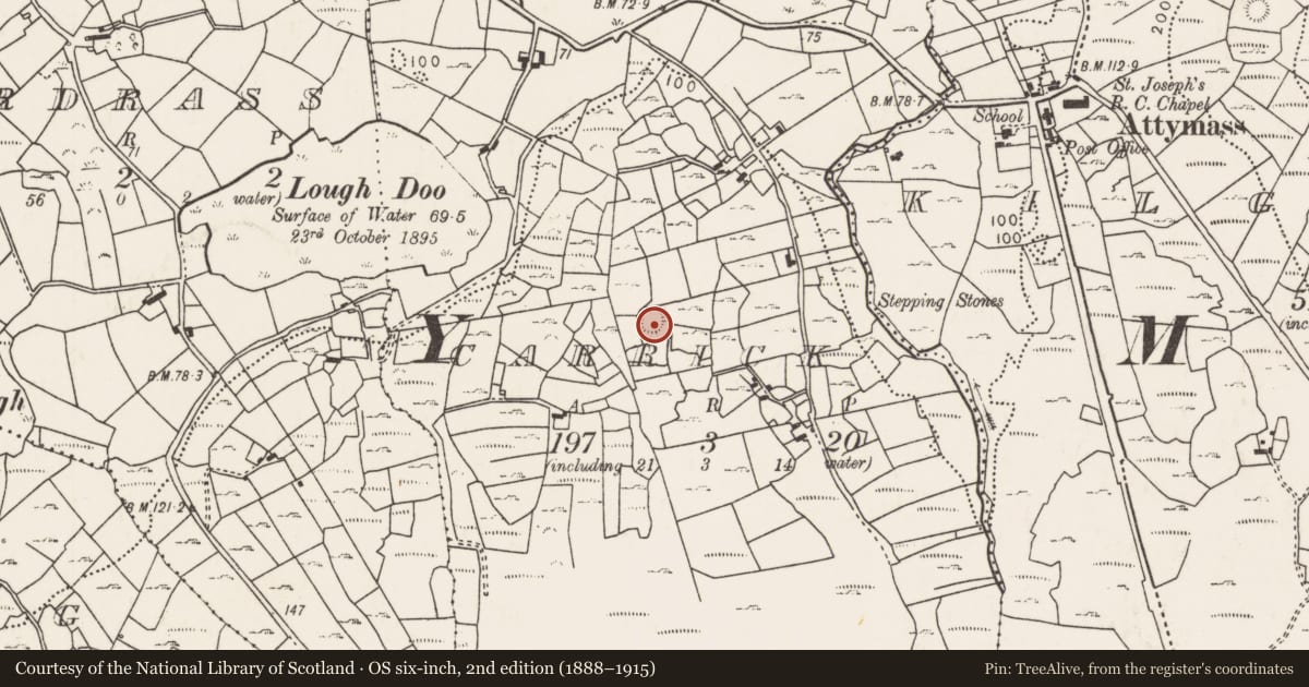 Ordnance Survey six-inch map, 2nd edition (1888–1915) covering the location of Ringfort - rath, Carrick (Gallen By., Attymass Par.), County Mayo, with a pin at the register's coordinates