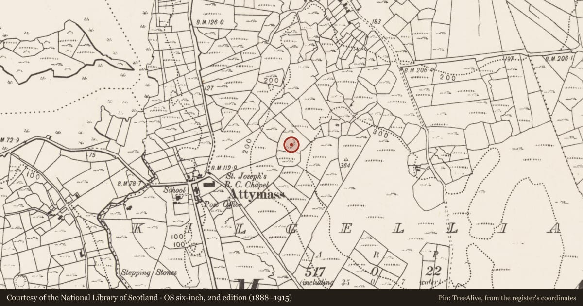 Ordnance Survey six-inch map, 2nd edition (1888–1915) covering the location of Ringfort - rath, Kilgellia, County Mayo, with a pin at the register's coordinates