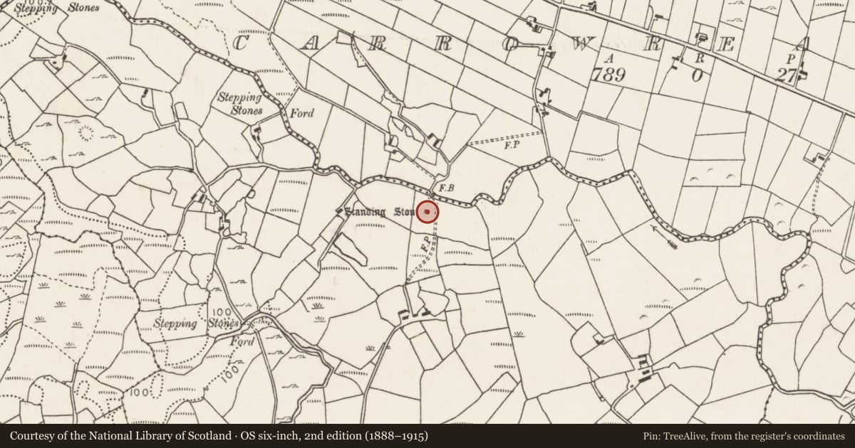 Ordnance Survey six-inch map, 2nd edition (1888–1915) covering the location of Standing stone, Carrowcrom, County Mayo, with a pin at the register's coordinates