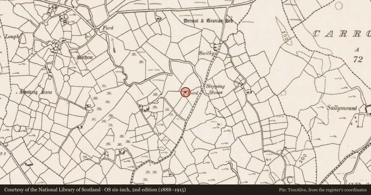 Ordnance Survey six-inch map, 2nd edition (1888–1915) covering the location of Standing stone, Carrowcrom, County Mayo, with a pin at the register's coordinates