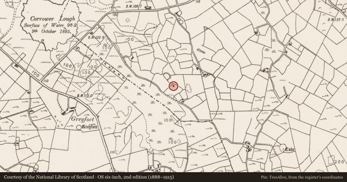 Ordnance Survey six-inch map, 2nd edition (1888–1915) covering the location of Enclosure, Carrowcastle (Gallen By., Kilgarvan Par.), County Mayo, with a pin at the register's coordinates