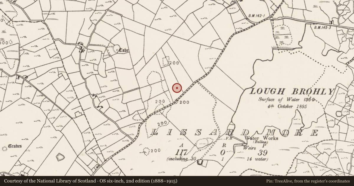 Ordnance Survey six-inch map, 2nd edition (1888–1915) covering the location of Standing stone, Carrowcastle (Gallen By., Kilgarvan Par.), County Mayo, with a pin at the register's coordinates