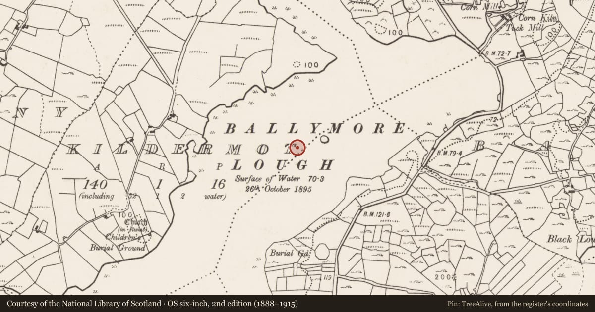 Ordnance Survey six-inch map, 2nd edition (1888–1915) covering the location of Crannog, Kildermot, County Mayo, with a pin at the register's coordinates