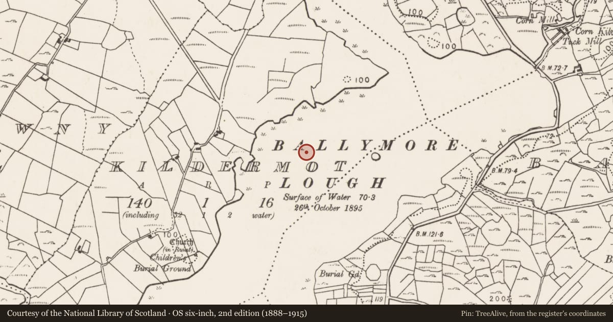 Ordnance Survey six-inch map, 2nd edition (1888–1915) covering the location of Crannog, Kildermot, County Mayo, with a pin at the register's coordinates