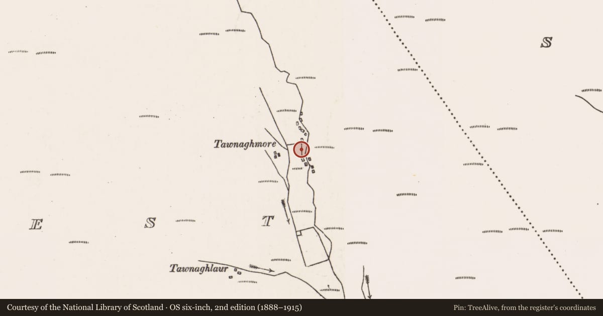 Ordnance Survey six-inch map, 2nd edition (1888–1915) covering the location of Settlement cluster, Keel West, County Mayo, with a pin at the register's coordinates