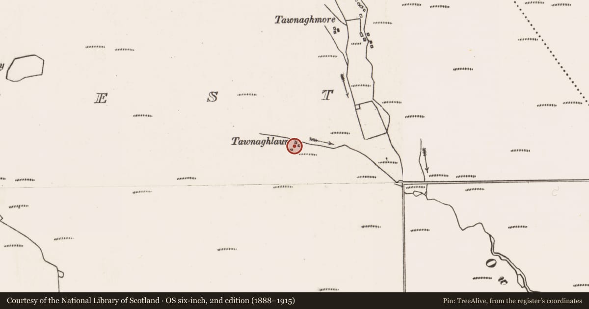 Ordnance Survey six-inch map, 2nd edition (1888–1915) covering the location of Settlement cluster, Keel West, County Mayo, with a pin at the register's coordinates