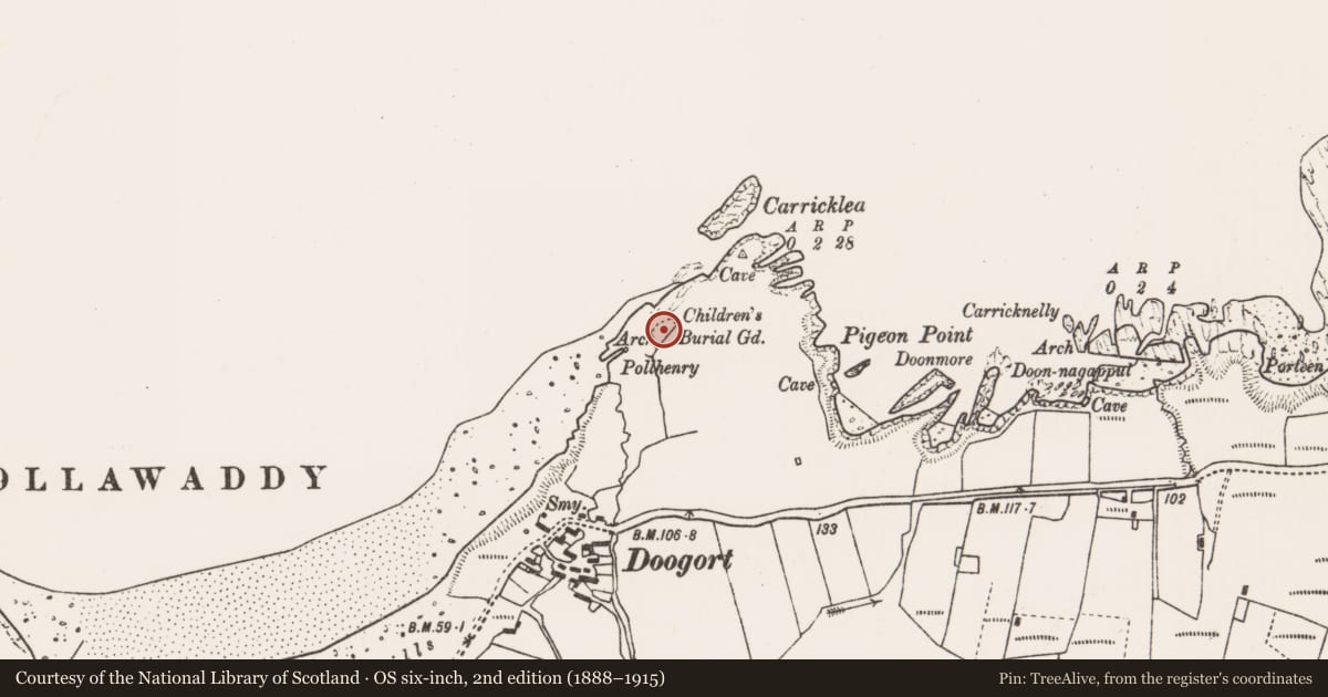 Ordnance Survey six-inch map, 2nd edition (1888–1915) covering the location of Children's burial ground, Doogort East, County Mayo, with a pin at the register's coordinates