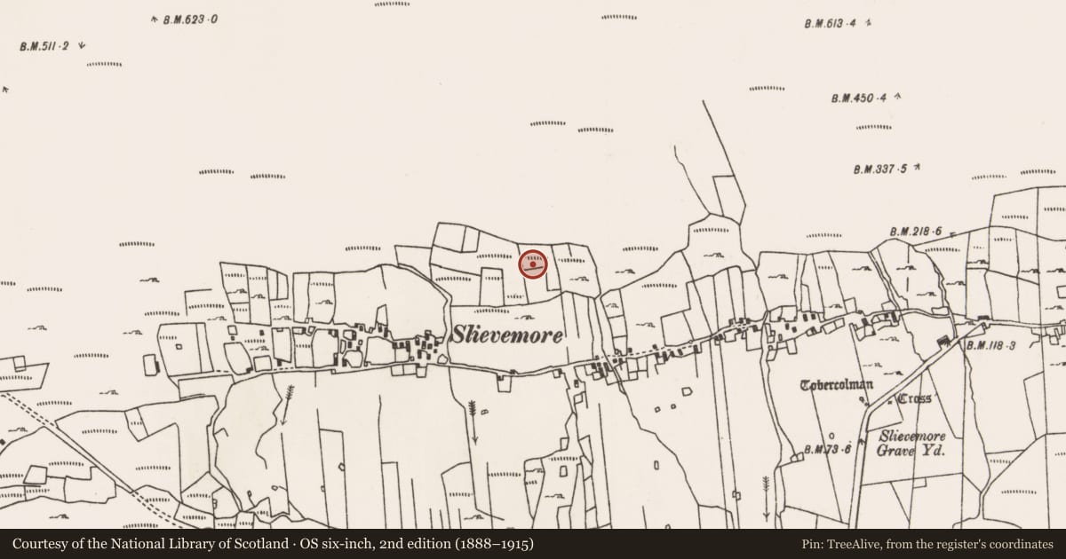 Ordnance Survey six-inch map, 2nd edition (1888–1915) covering the location of Enclosure, Slievemore, County Mayo, with a pin at the register's coordinates