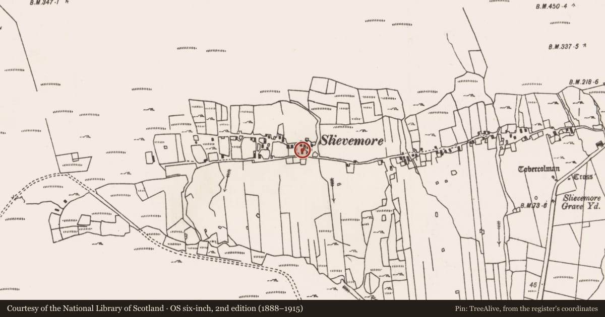 Ordnance Survey six-inch map, 2nd edition (1888–1915) covering the location of Settlement cluster, Slievemore, County Mayo, with a pin at the register's coordinates