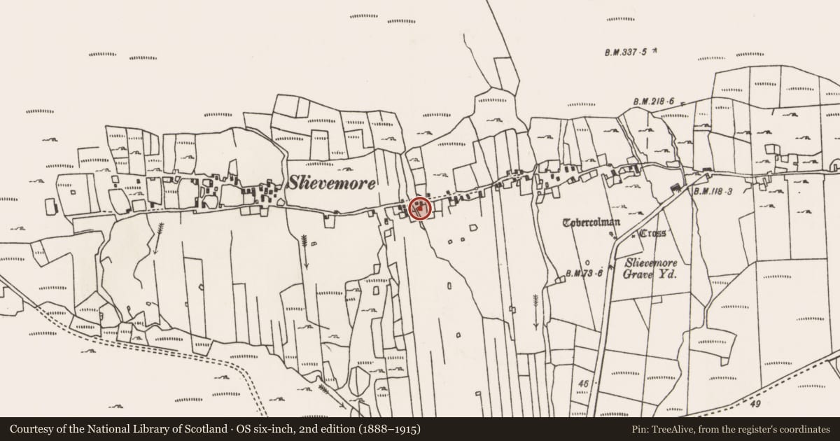 Ordnance Survey six-inch map, 2nd edition (1888–1915) covering the location of Settlement cluster, Slievemore, County Mayo, with a pin at the register's coordinates